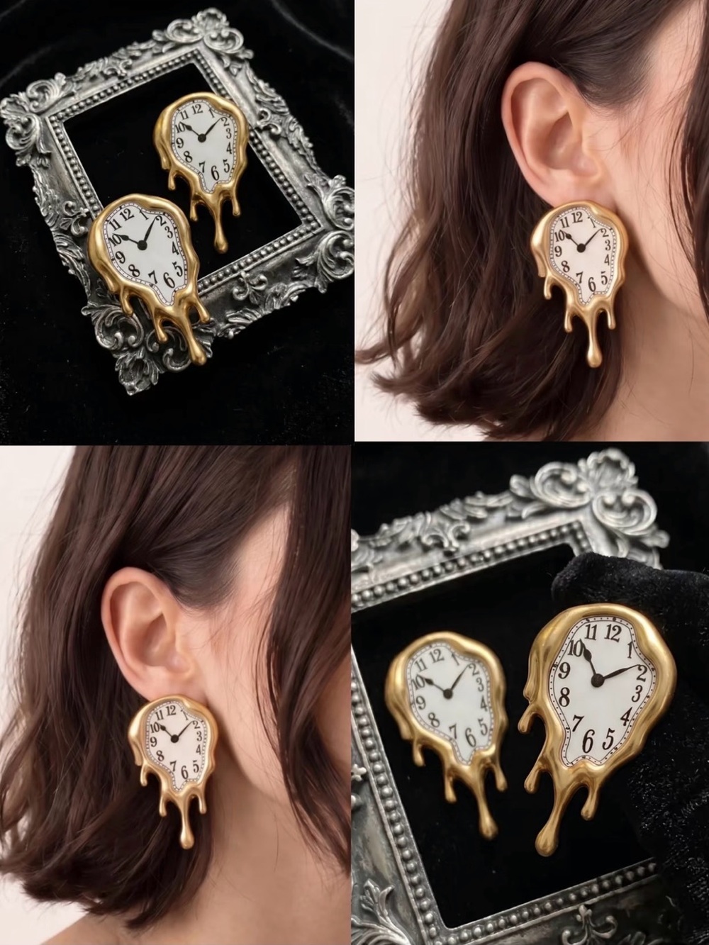 Melting Clock Dangle Earrings - Gold & White Surrealist Design